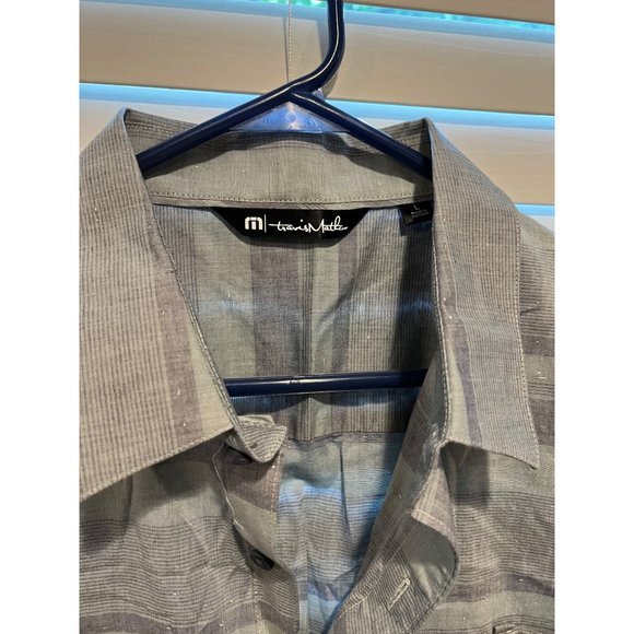 Travis Mathew Gray and Blue Striped Short Sleeve Button Up Shirt - Size L - Picture 2 of 5